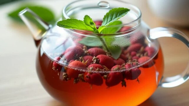 brewed rosehip tea in a glass teapot with rosehip flowers and mint, on a wooden table.