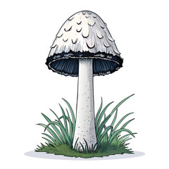 Close-up photograph of a mature Coprinus comatus, a shaggy ink cap mushroom, showcasing its tall, cylindrical cap and shaggy scales.  Detail the texture and color variations.