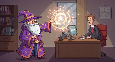 Wizard performs magic in modern office setting