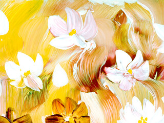 Abstract white flowers, original hand drawn, impressionism style, color texture, brush strokes of paint, art background.