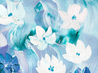 Abstract white flowers on blue, original hand drawn, impressionism style, color texture, brush strokes of paint, art background.