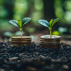 "Vintage Business Concept with Growing Plant on Coins"