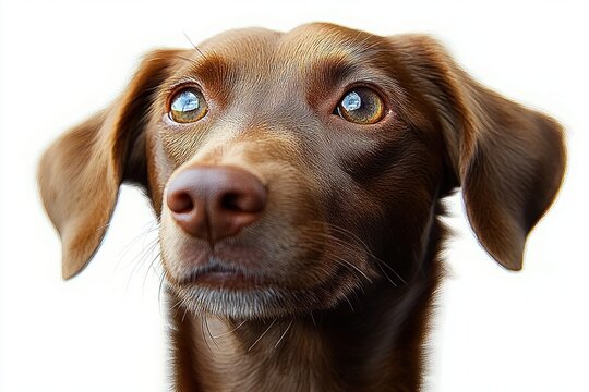close-up of a brown dog with expressive eyes looking attentively against a bright white background