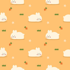 Rabbit cartoon so cute. On carrot grass star yellow background. Pattern seamless vector illustration. 