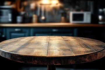 Obraz premium Round rustic wooden table surface with visible wood grain in a warmly lit kitchen setting with blurred background