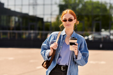 Charming red haired woman enjoying coffee in the sun near a modern building