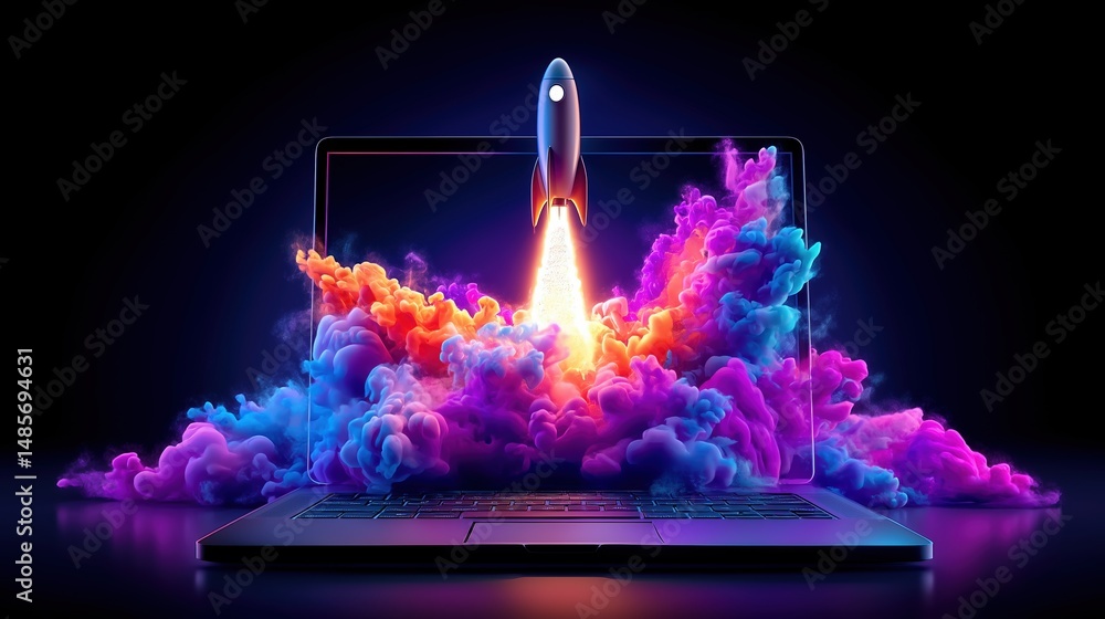 Fototapete photorealistic 3d render of a laptop with a rocket launching from its screen emitting dynamic smoke 