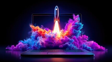 Photorealistic 3D render of a laptop with a rocket launching from its screen emitting dynamic smoke and sparks, set against a dark blue and purple gradient cosmic background. Features glowing financia
