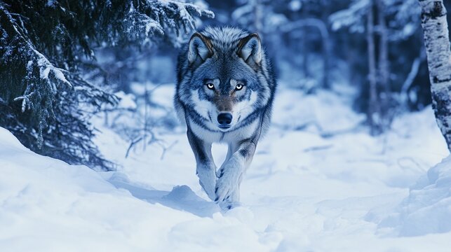 A winter scene featuring a wolf walking through snowy woods.