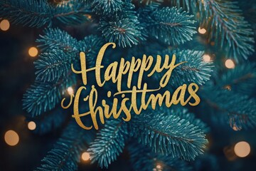 Close-up of green fir tree branches decorated with small glowing lights and glittery gold text saying Happy Christmas conveying festive and joyful mood