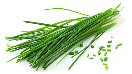 Fresh chives bundle with chopped pieces on a white background. A versatile culinary herb.