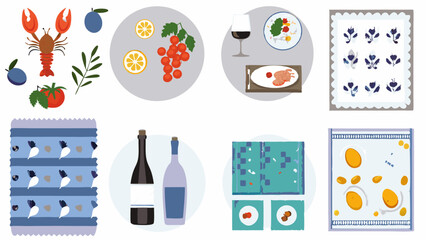 Gourmet culinary array: an elegant composition of carefully arranged elements and food items, evoking a sense of gastronomic pleasure and appetizing presentation.