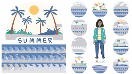 Summer Illustration Pack: A collection of summer-themed illustrations for web design or print, featuring palm trees, beach, waves, sun, sky, and a woman in casual clothing.