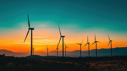 Fototapeta premium Silhouette wind turbines at sunset over rolling hills.