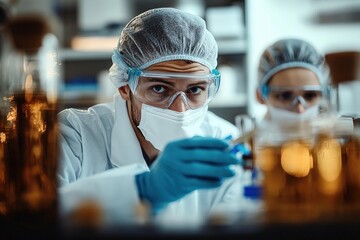 Two scientists wearing protective gear and gloves carefully conducting experiments with liquids in a laboratory setting