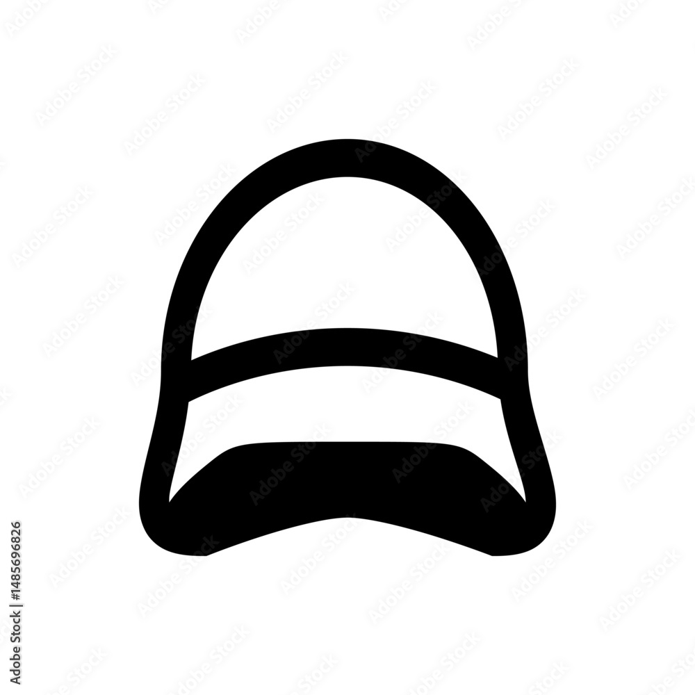 Poster illustration of a simple rounded cap with a brim and a curved top, presented in black and white colo