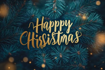 golden textured text saying happy christmas placed over close-up image of blue-green pine tree branches with soft glowing light spots evoking festive holiday atmosphere