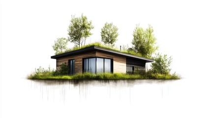 A modern eco-friendly house with a green roof, surrounded by lush vegetation, blending harmoniously with its natural environment.