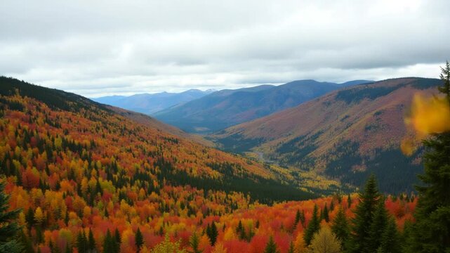 Aerial view of colourful forest on mountain slopes and cloudy sky. Canada
