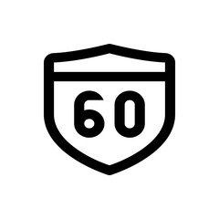 Illustration of a black and white road sign with the number sixty inside a shield shape design element
