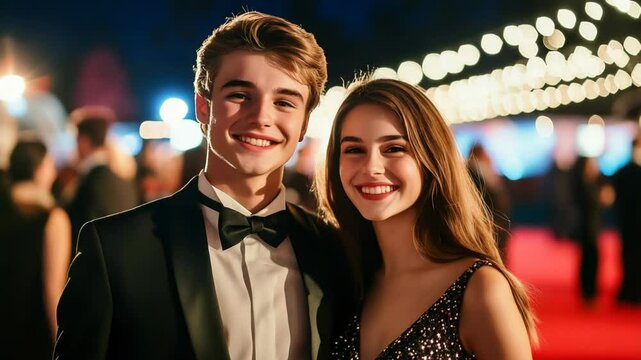 Young couple smiling on red carpet, elegant prom night