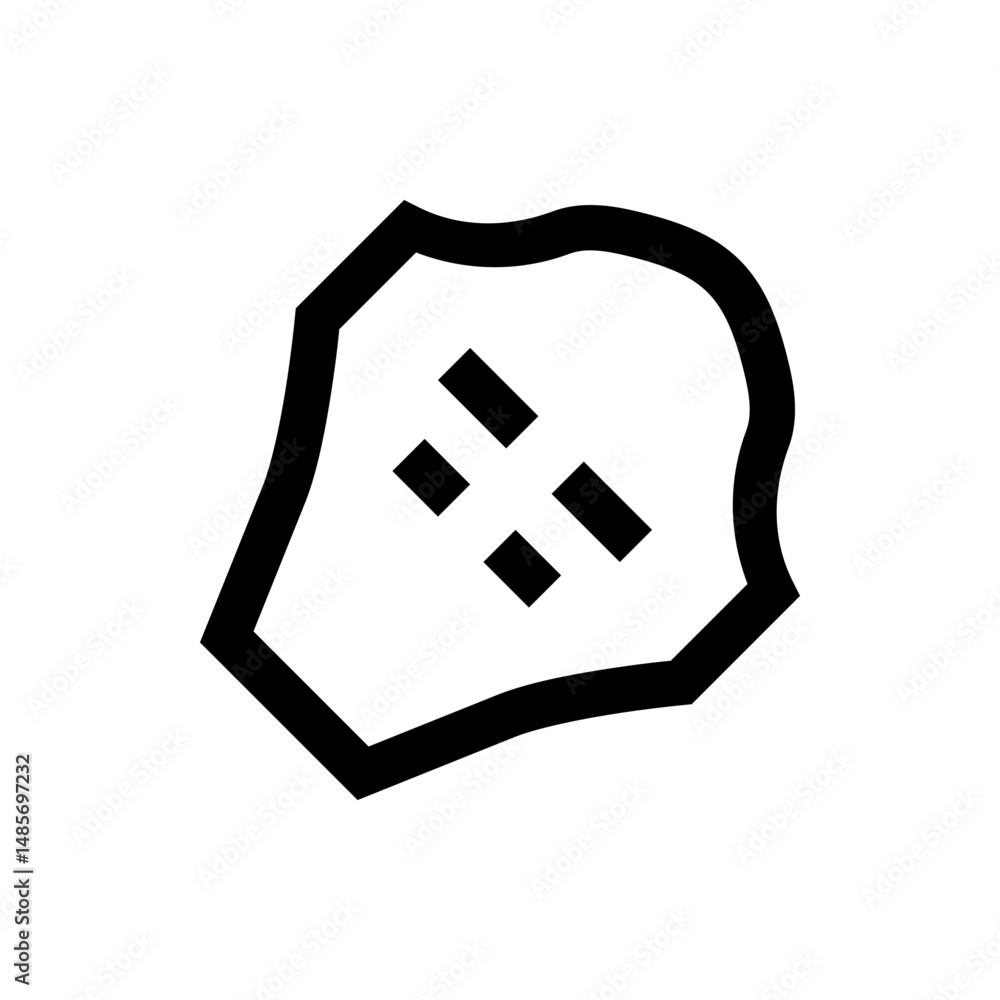 Poster abstract black and white shape with irregular outline and four small rectangular elements inside the