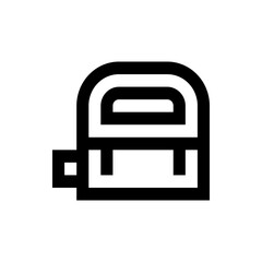 Illustration of a black outlined backpack with rounded top and a small square on the left side view