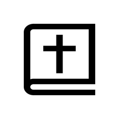 Illustrated holy book with a christian cross symbol on the cover in simple black and white outline style