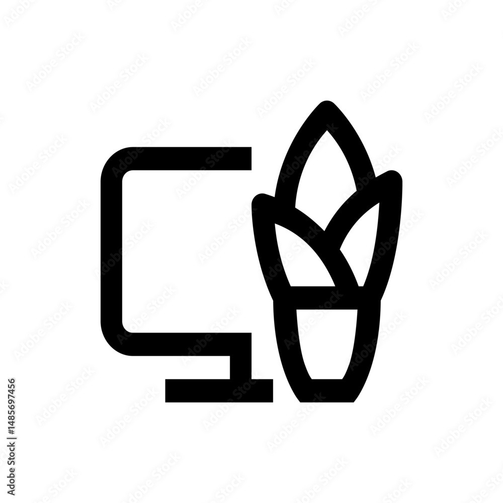 Poster black outline of a computer monitor next to a plant in a pot on a white background in a simple style
