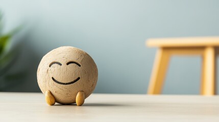 A cheerful, smiling round figure sits on a table, exuding positivity in a serene environment.