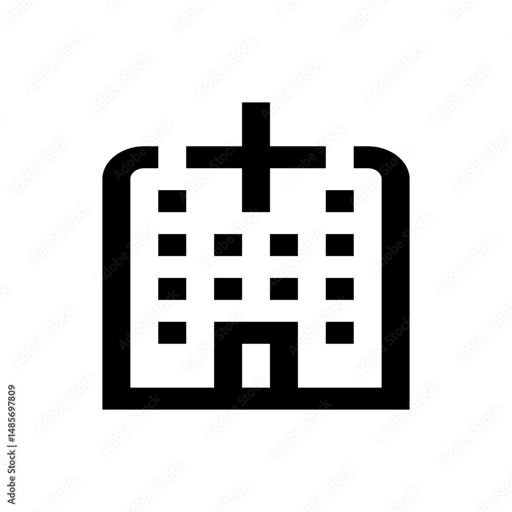Poster illustration of a hospital building with multiple windows and a cross on top in a minimalist black d