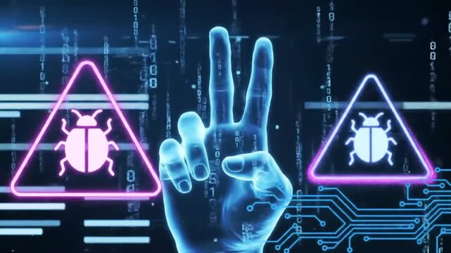 Blue Glowing Hand Counting with Bug Alert Signs Amidst Binary Code and Circuitry High Tech Futuristic Cyber Security Theme