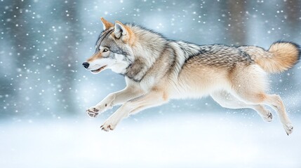 Obraz premium A majestic wolf in mid-air flight during a snowy winter scene.