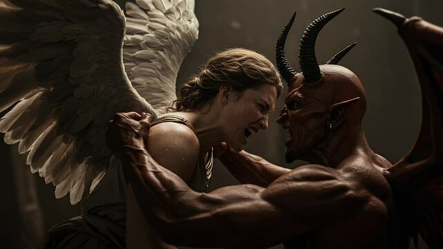 Struggling Angel Fighting Creature with Horns Dramatic Confrontation