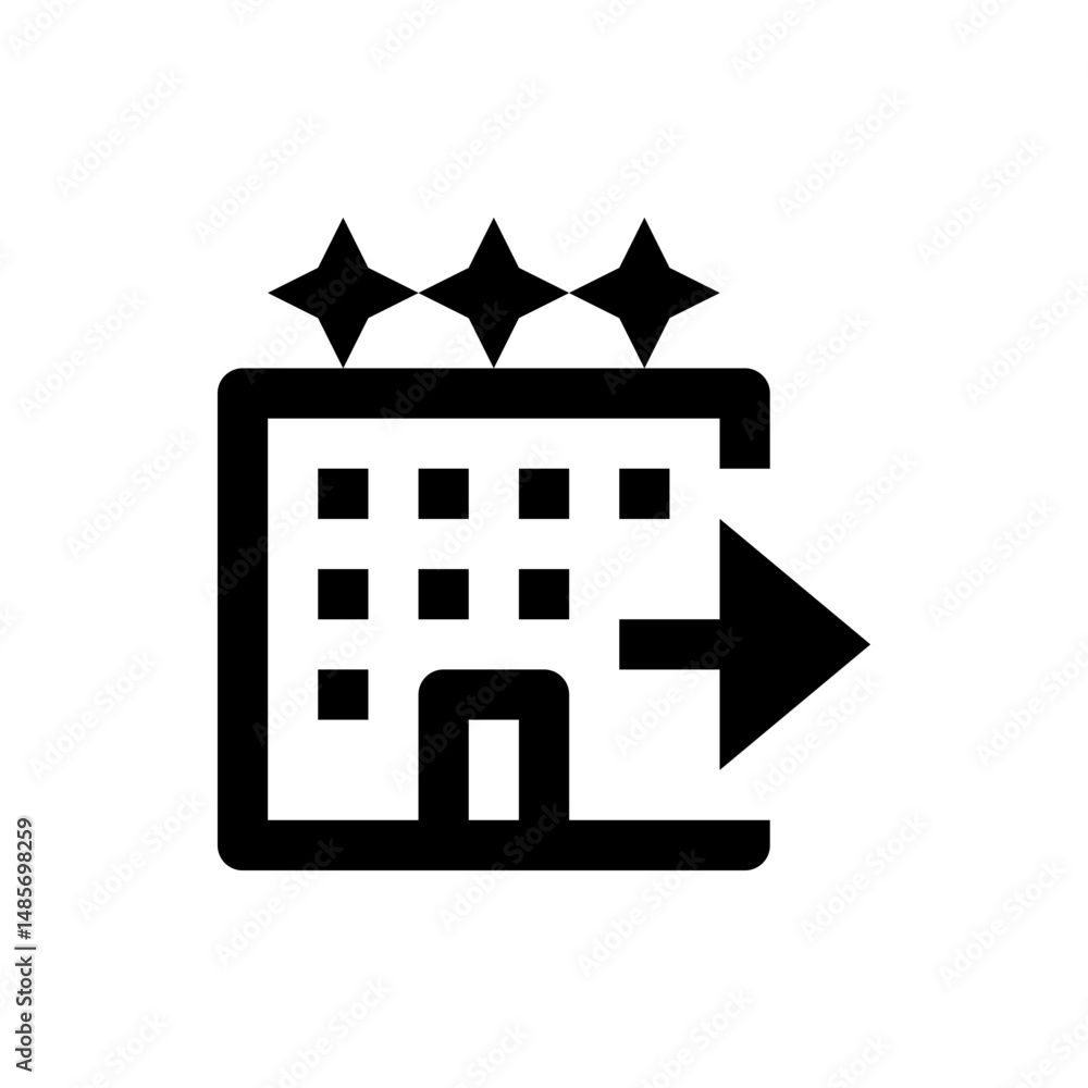 Poster black and white icon of a building with three stars on top and an arrow pointing to the right side i