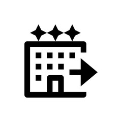 Black and white icon of a building with three stars on top and an arrow pointing to the right side icon