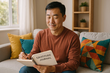 Asian man enjoying writing on gratitude journal sitting on comfortable sofa at home, mindfulness and gratitude concept