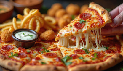 Delicious Pizza with Dripping Cheese and Sides