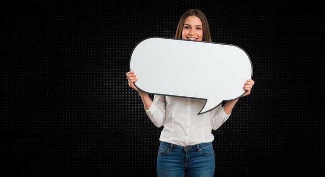 The woman is holding a large white speech bubble. Visual Concept.