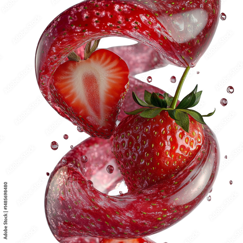 Aufkleber dynamic strawberry composition with fluid motion on a white backdrop