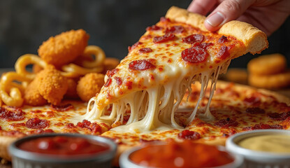 Delicious Pizza Slice with Melted Cheese and Dipping Sauces