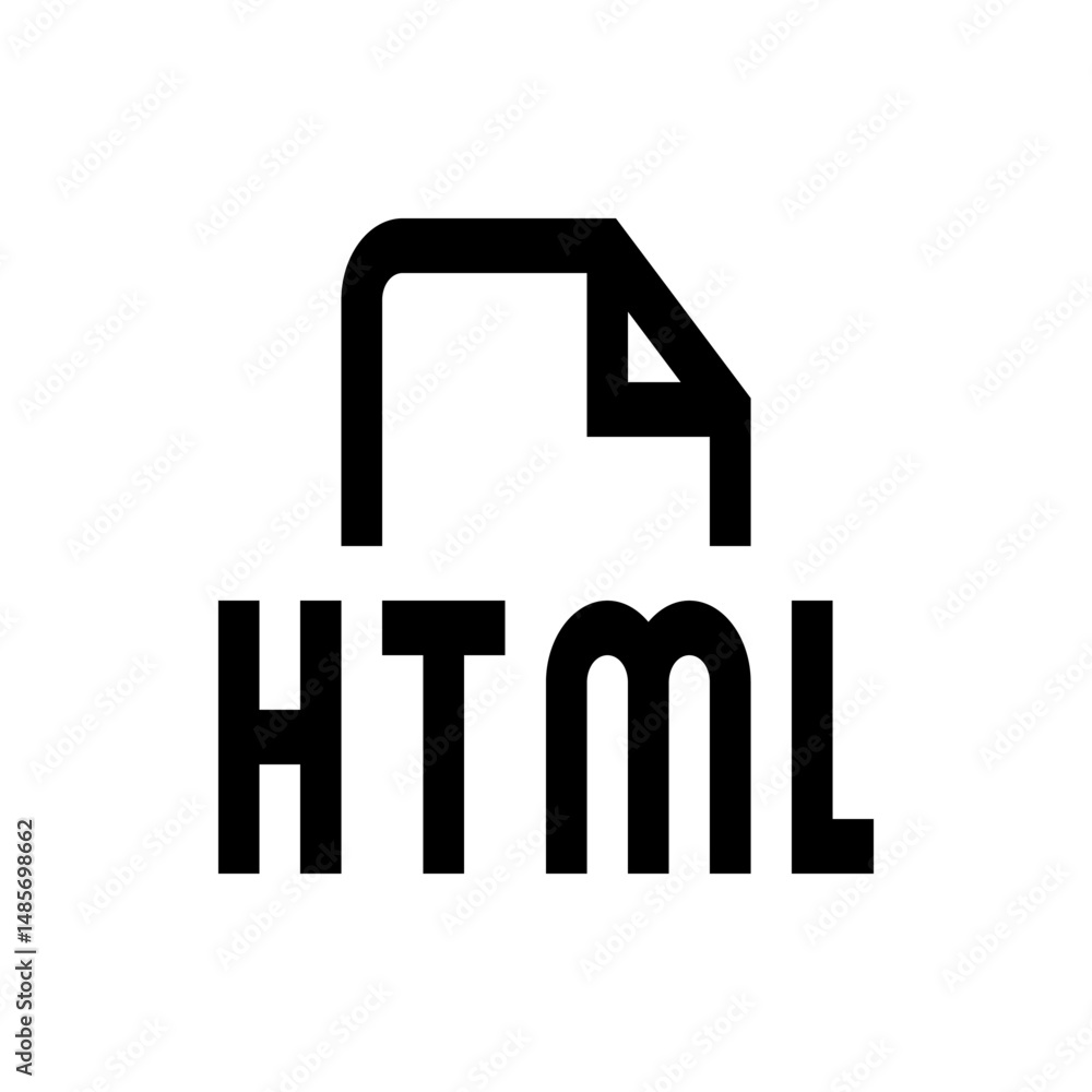Poster black html file icon with a folded corner and bold html text below it in a white background view