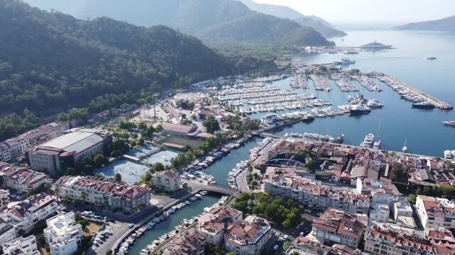 Marmaris, Turkey. - July 12, 2024: Marmaris city in Turkey, aerial view. Mediterranean Sea, streets and port