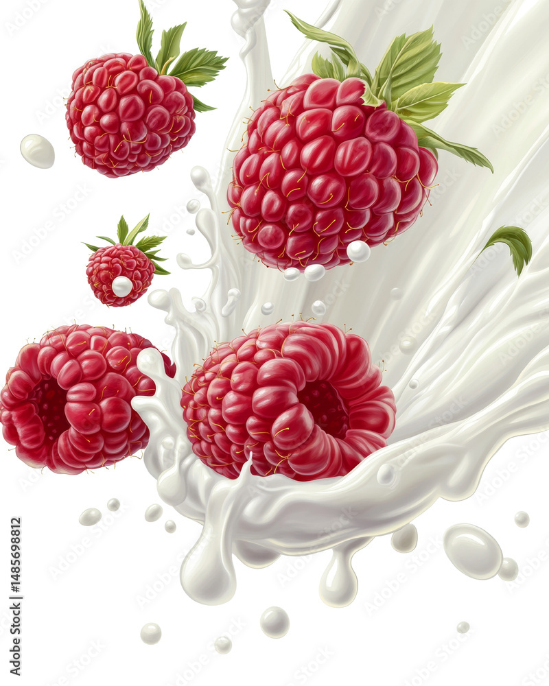 Poster vibrant raspberries plunging into a creamy vortex, splashing and creating delicious swirls