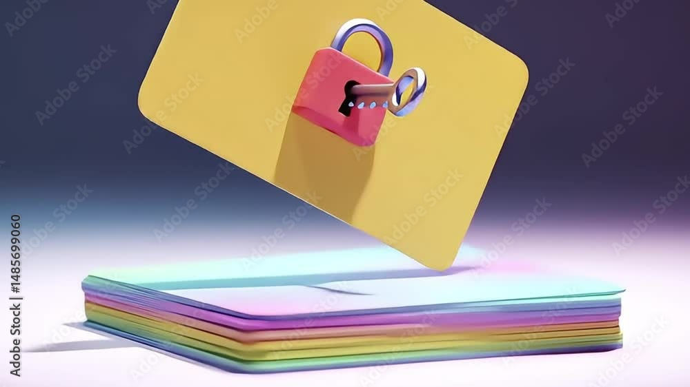 Poster colorful layered cards with a red padlock and key symbolizing security and access control