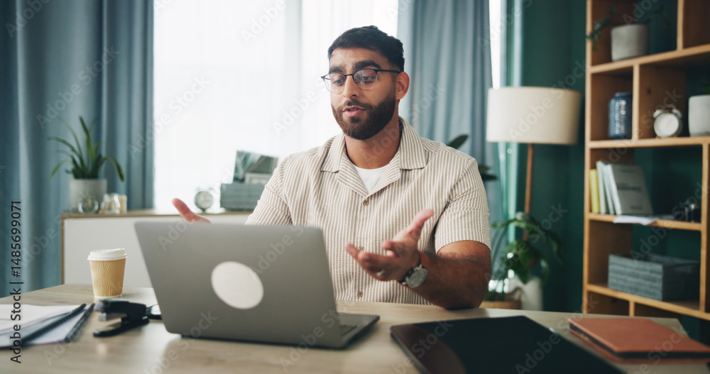 Poster man, video call and remote work from home, laptop and question with online meeting in morning. perso