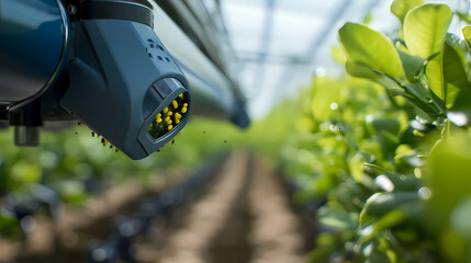 Smart sensor monitors crop growth in a high-tech greenhouse, optimizing agriculture with advanced technology.