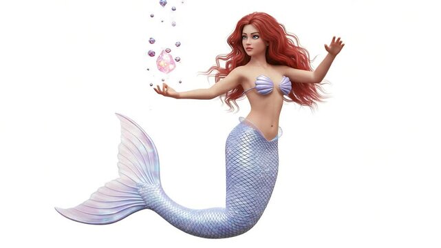 Fantasy 3 d mermaid with shell bra holds glowing crystal on white background