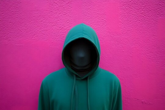 Green hoodie figure against pink background - Powered by Adobe