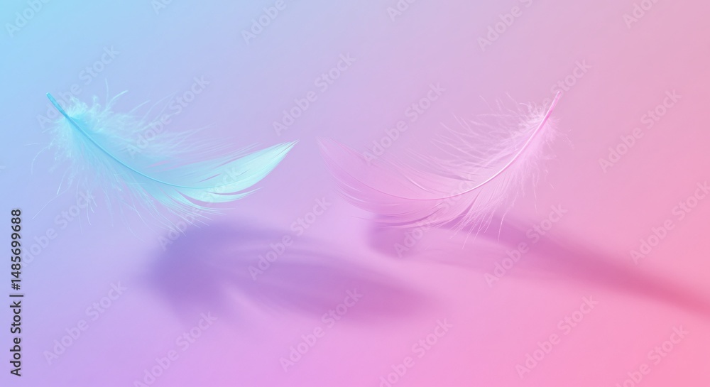 Poster delicate white feathers float on a pastel pink and blue gradient background creating a serene and ai